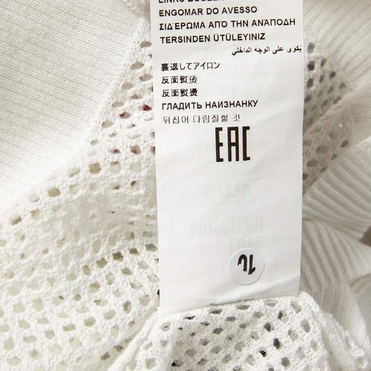 Pre Owned Love Moschino White Mesh Knit Heart Patch Sheer Sweater Top M