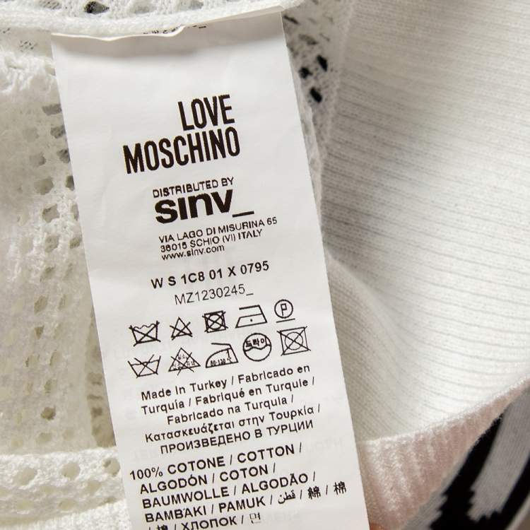 Pre Owned Love Moschino White Mesh Knit Heart Patch Sheer Sweater Top M