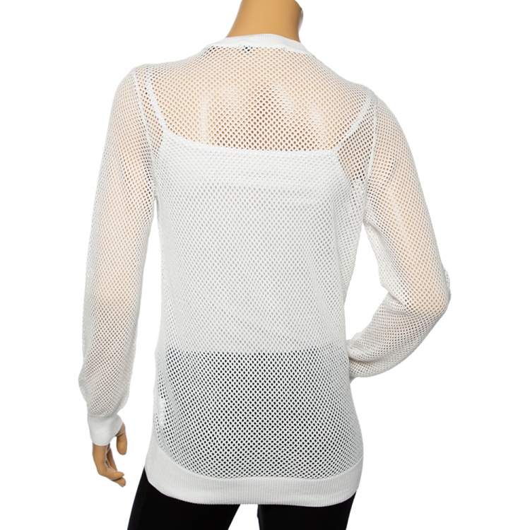 Pre Owned Love Moschino White Mesh Knit Heart Patch Sheer Sweater Top M