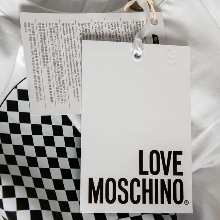 Pre Owned Love Moschino White Cotton Checkered Heart Printed Crewneck T-Shirt M