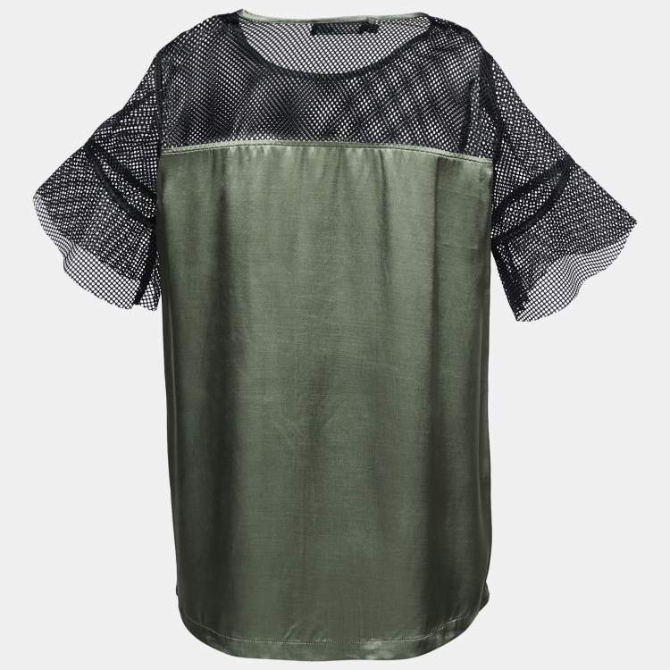 Love Moschino Green Black Satin Blusa Mesh Sleeve T shirt S