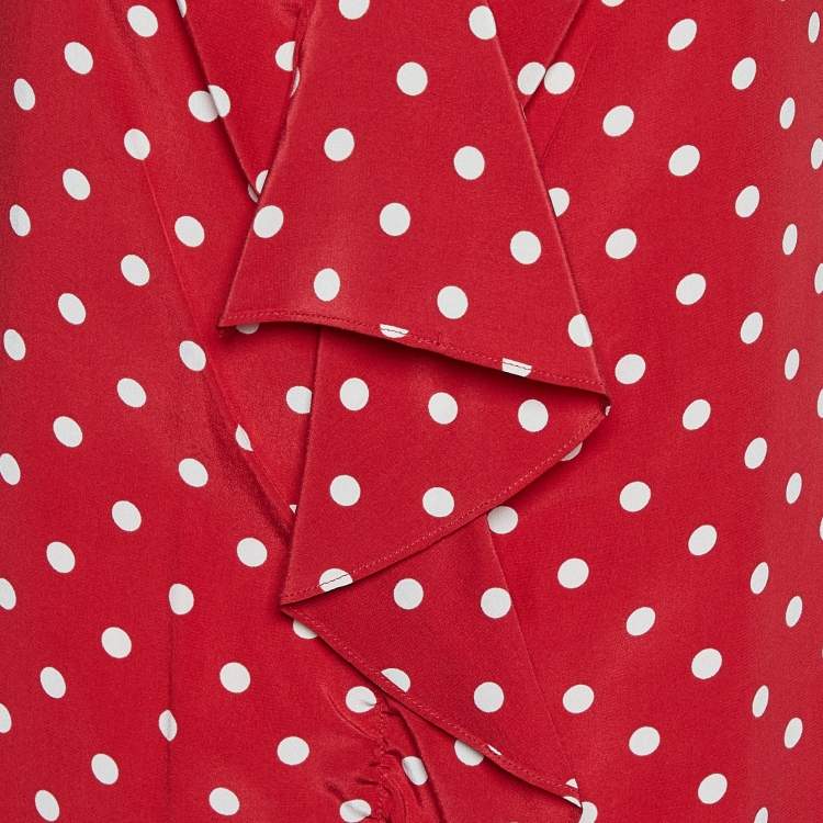 Pre Owned Moschino Red Polka Dot Printed Silk Ruffle Detail Jumpsuit L