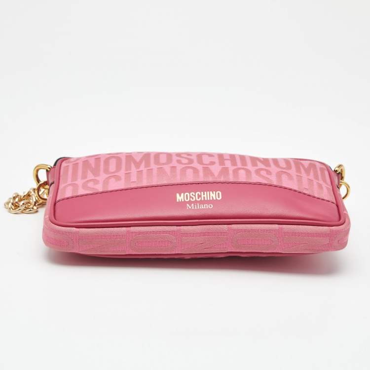 Pre Owned Moschino Fuchsia Logo Jacquard Fabric Chain Clutch