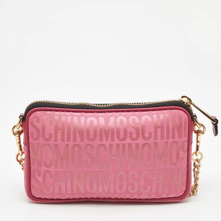 Pre Owned Moschino Fuchsia Logo Jacquard Fabric Chain Clutch