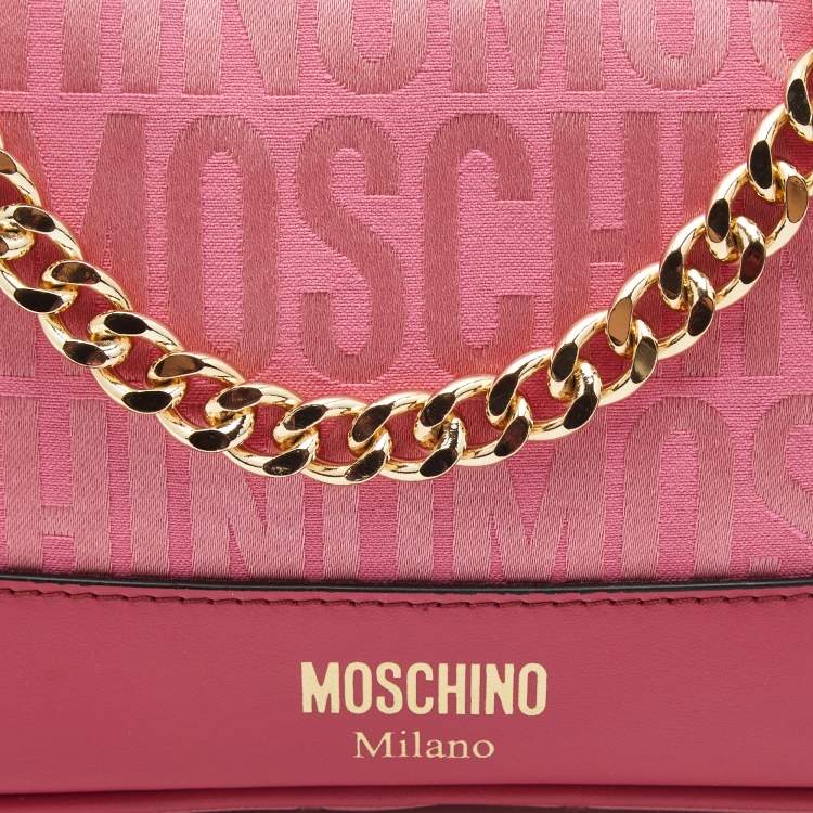 Pre Owned Moschino Fuchsia Logo Jacquard Fabric Chain Clutch