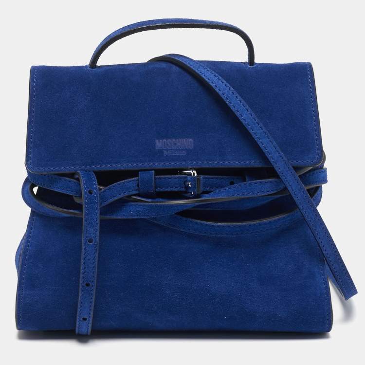 Pre Owned Moschino Tie Me Small Blue Suede Top Handle Bag