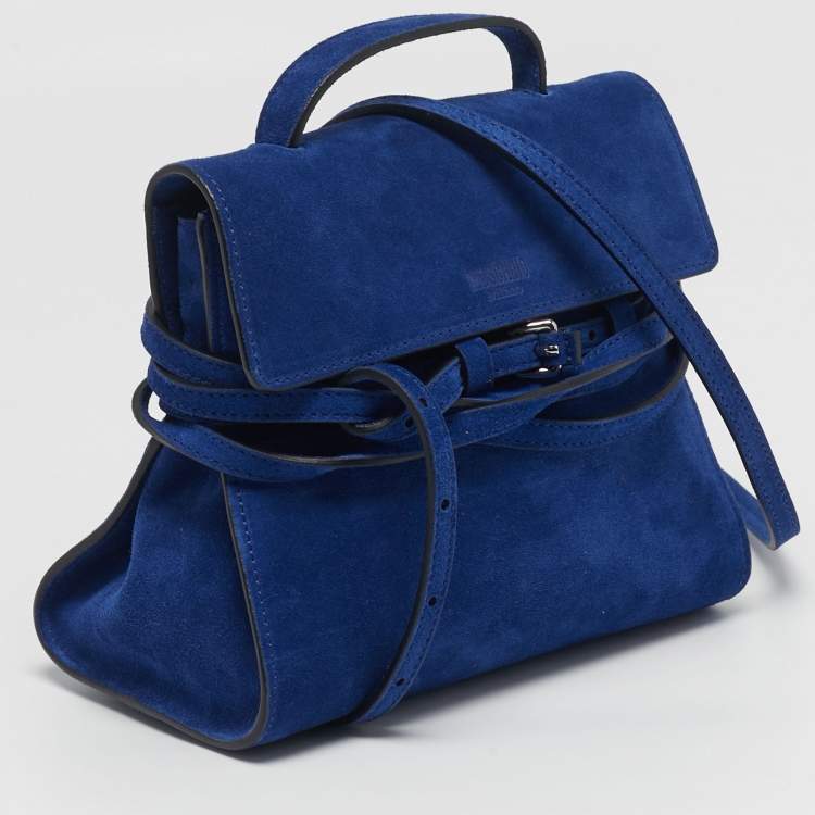 Pre Owned Moschino Tie Me Small Blue Suede Top Handle Bag