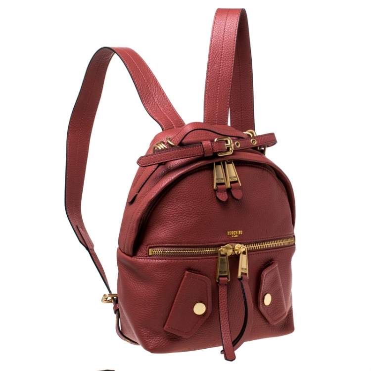 Pre Owned Moschino Nude Red Leather Medium Pocket Backpack