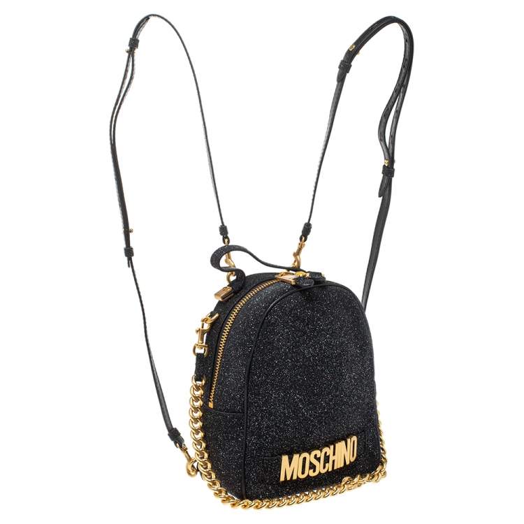 Pre Owned Moschino Black Glitters and Leather Backpack