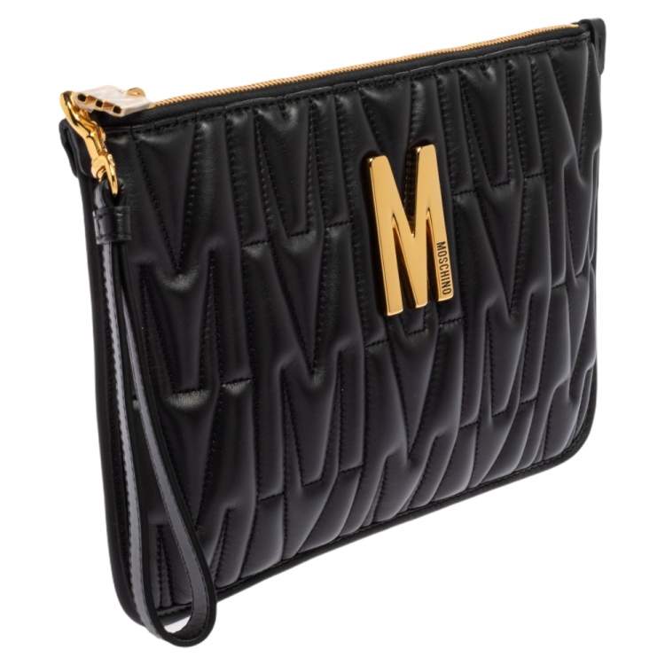 Pre Owned Moschino Black Monogram Embossed Leather M Pouch