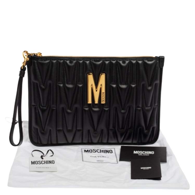 Pre Owned Moschino Black Monogram Embossed Leather M Pouch
