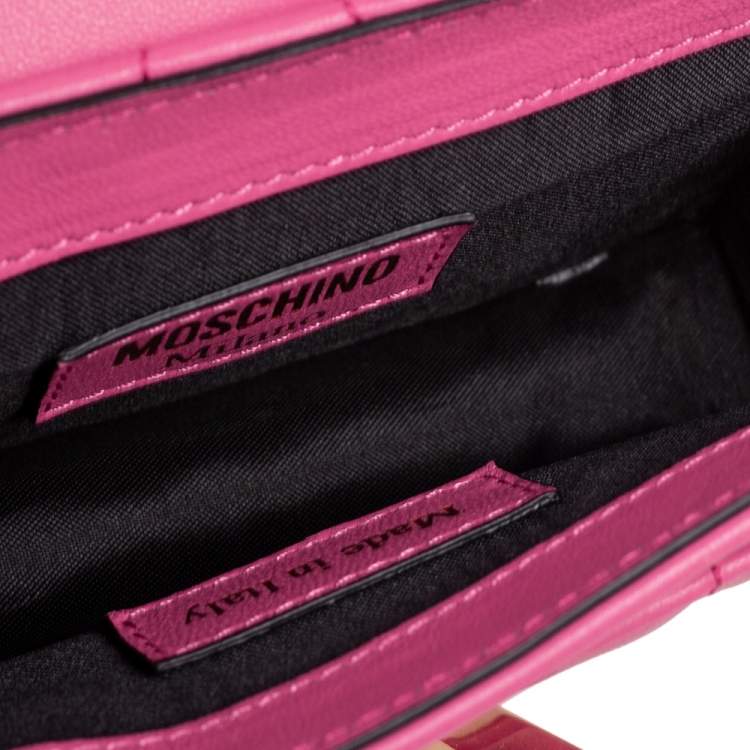 Pre Owned Moschino Pink Quilted Leather M Logo Crossbody Bag