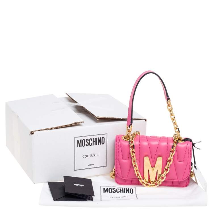 Pre Owned Moschino Pink Quilted Leather M Logo Crossbody Bag