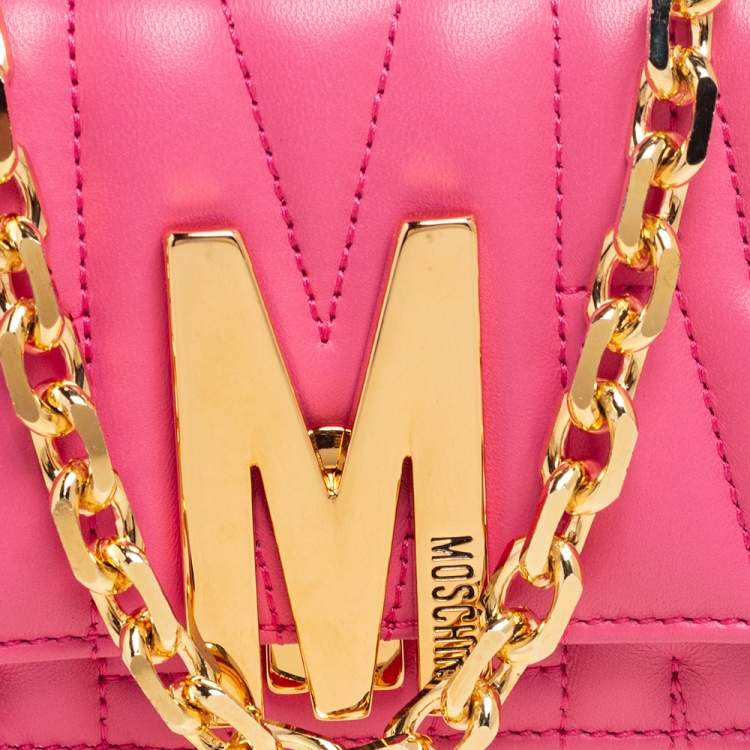 Pre Owned Moschino Pink Quilted Leather M Logo Crossbody Bag