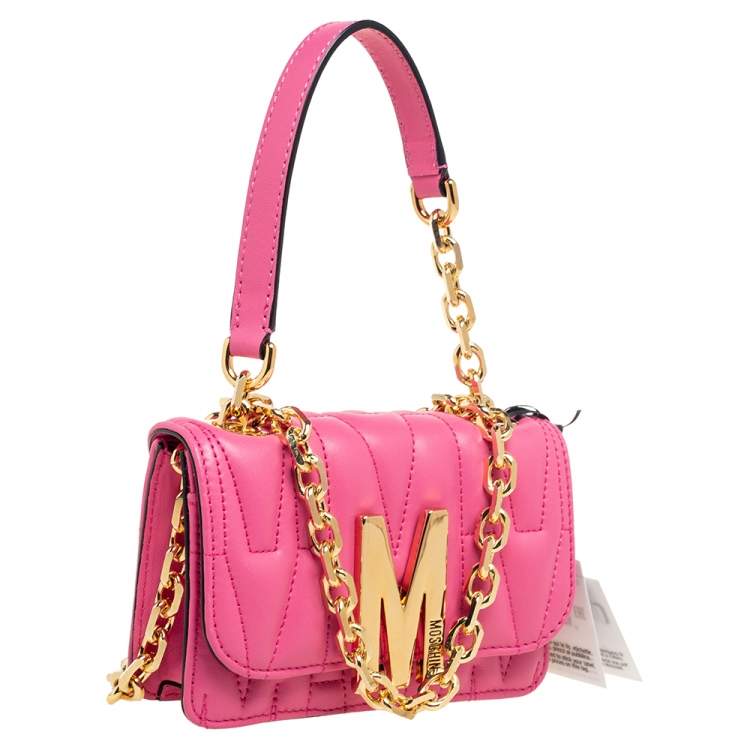 Pre Owned Moschino Pink Quilted Leather M Logo Crossbody Bag