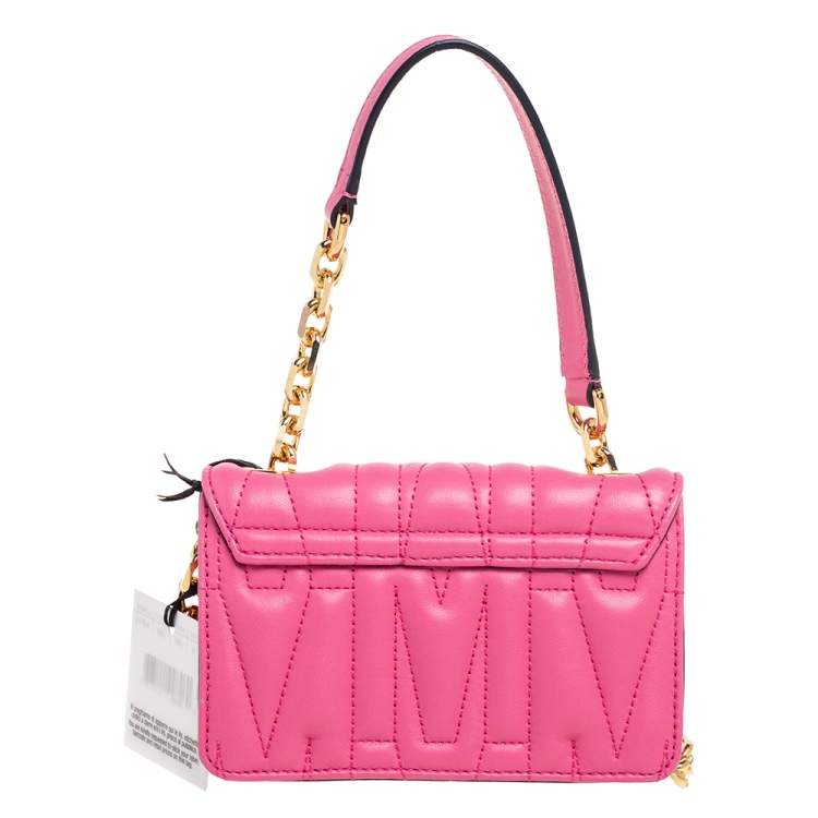 Pre Owned Moschino Pink Quilted Leather M Logo Crossbody Bag