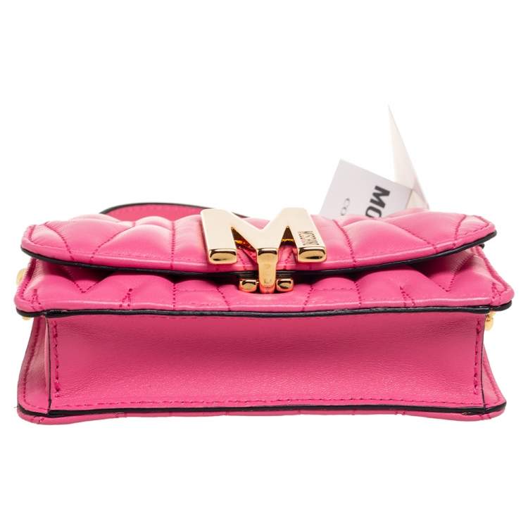 Pre Owned Moschino Pink Quilted Leather M Logo Crossbody Bag
