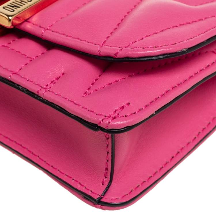 Pre Owned Moschino Pink Quilted Leather M Logo Crossbody Bag