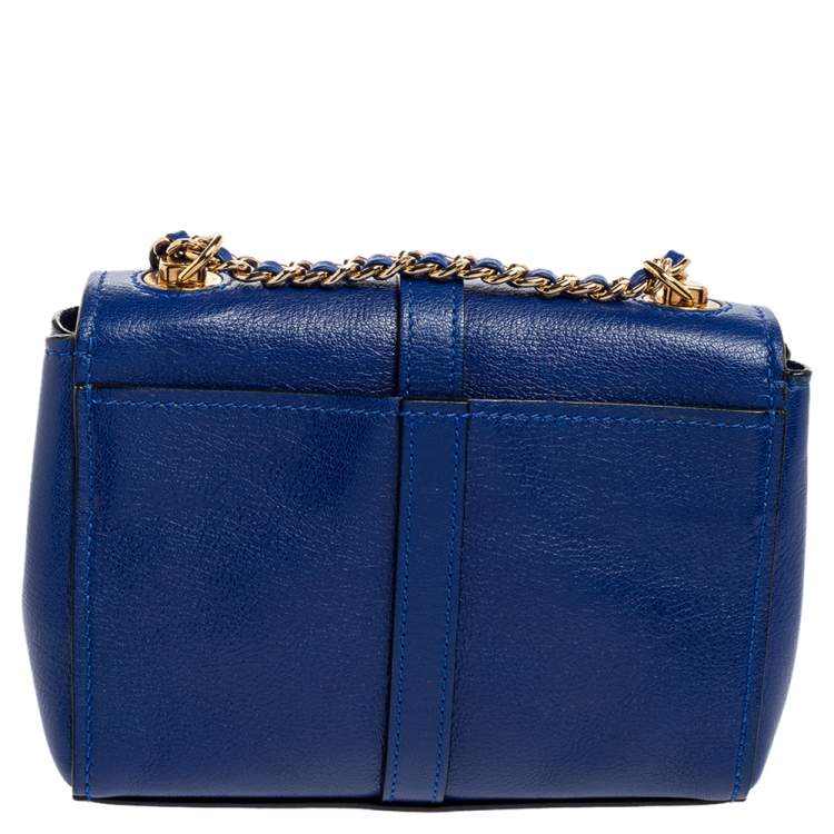 Pre Owned Moschino Blue Leather Logo Flap Shoulder Bag