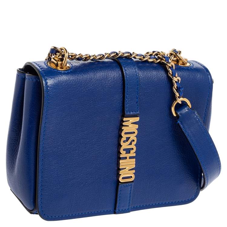 Pre Owned Moschino Blue Leather Logo Flap Shoulder Bag