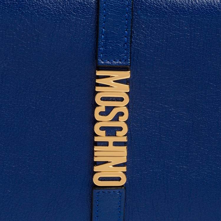 Pre Owned Moschino Blue Leather Logo Flap Shoulder Bag