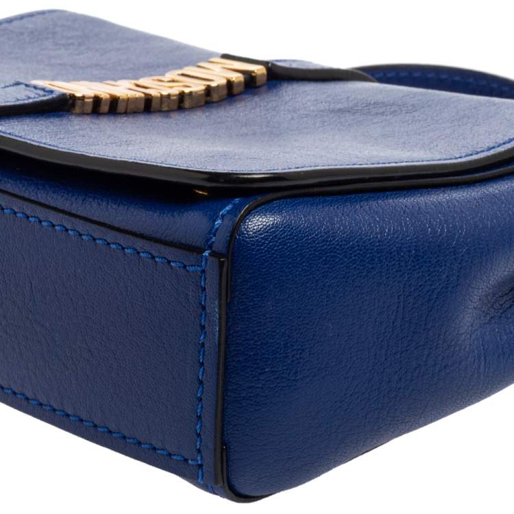 Pre Owned Moschino Blue Leather Logo Flap Shoulder Bag