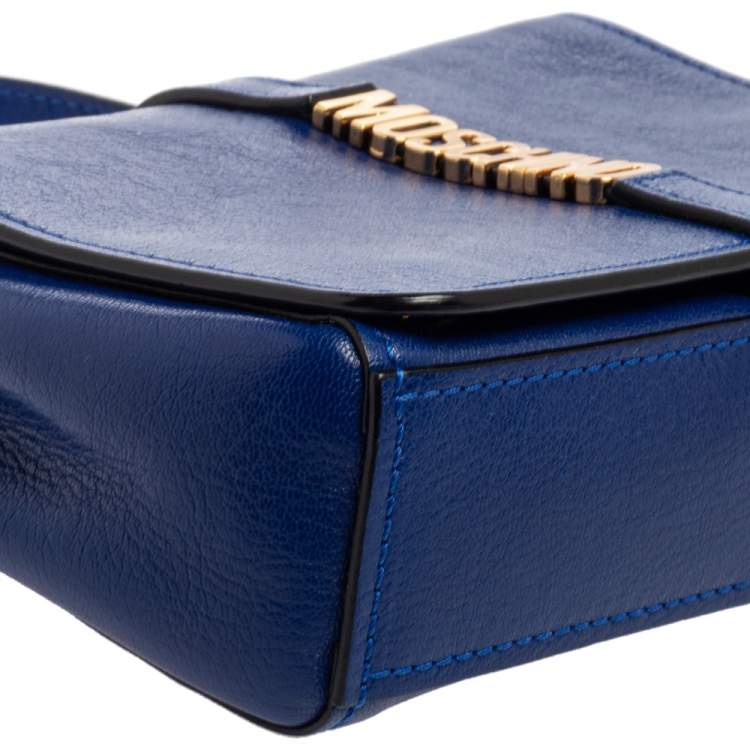 Pre Owned Moschino Blue Leather Logo Flap Shoulder Bag