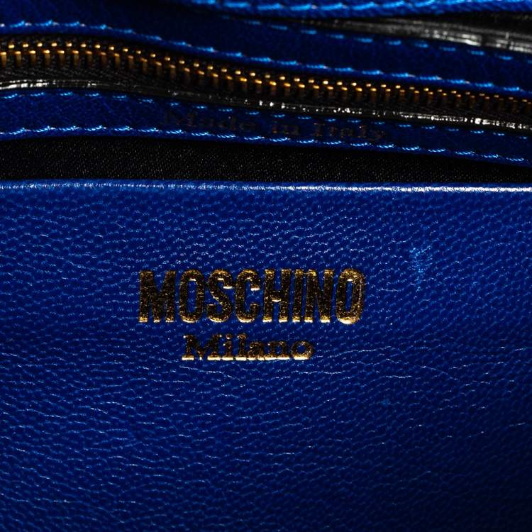 Pre Owned Moschino Blue Leather Logo Flap Shoulder Bag