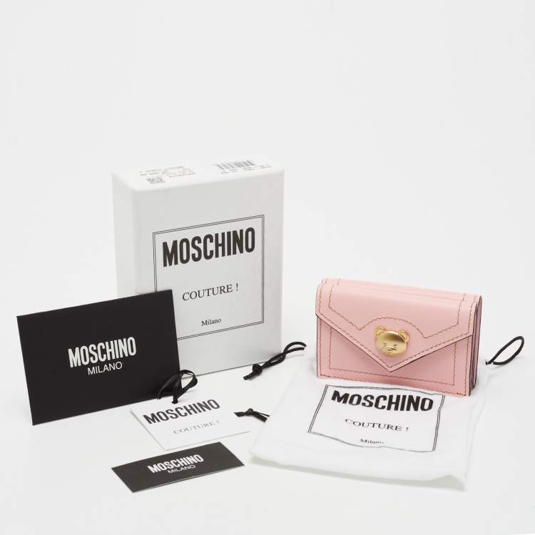 Pre Owned Moschino Pink Leather Teddy Trifold Wallet 
