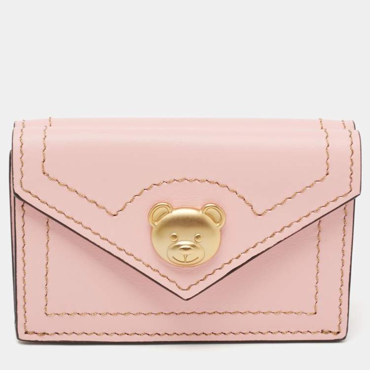 Pre Owned Moschino Pink Leather Teddy Trifold Wallet 
