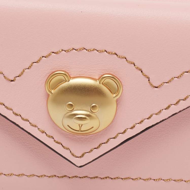 Pre Owned Moschino Pink Leather Teddy Trifold Wallet 