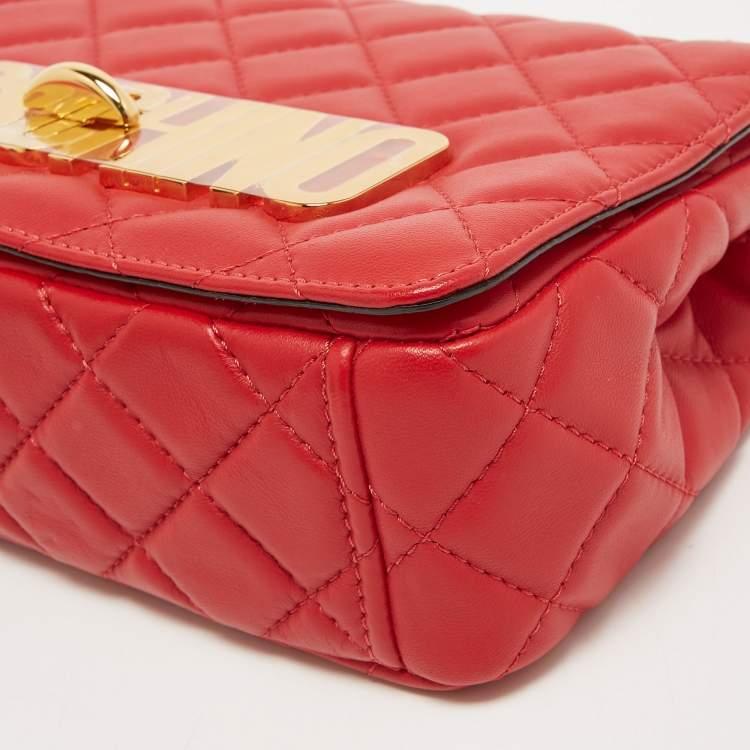 Pre Owned Moschino Red Quilted Leather Classic Logo Flap Shoulder Bag