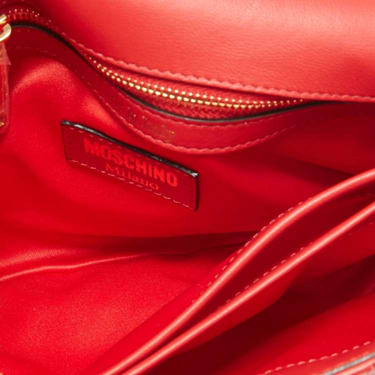Pre Owned Moschino Red Quilted Leather Classic Logo Flap Shoulder Bag