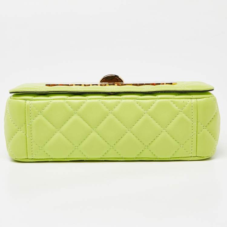 Pre Owned Moschino Neon Green Quilted Leather Classic Logo Flap Shoulder Bag