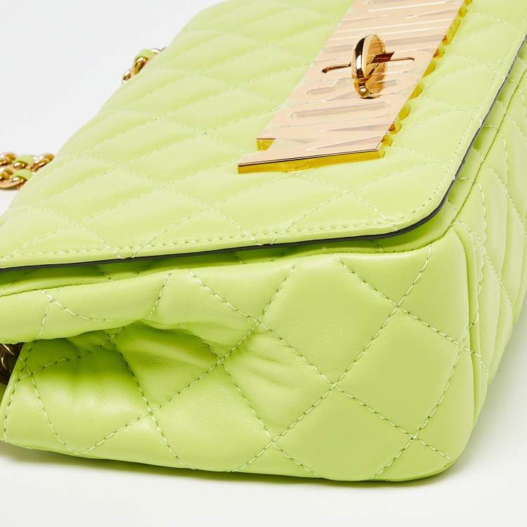 Pre Owned Moschino Neon Green Quilted Leather Classic Logo Flap Shoulder Bag