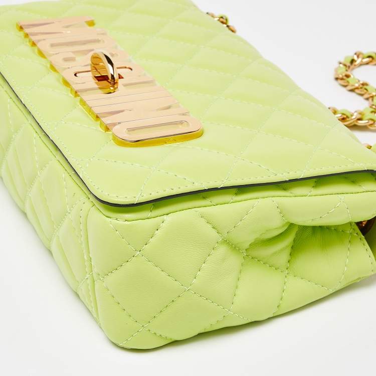 Pre Owned Moschino Neon Green Quilted Leather Classic Logo Flap Shoulder Bag