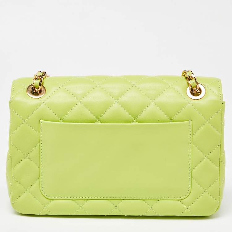 Pre Owned Moschino Neon Green Quilted Leather Classic Logo Flap Shoulder Bag