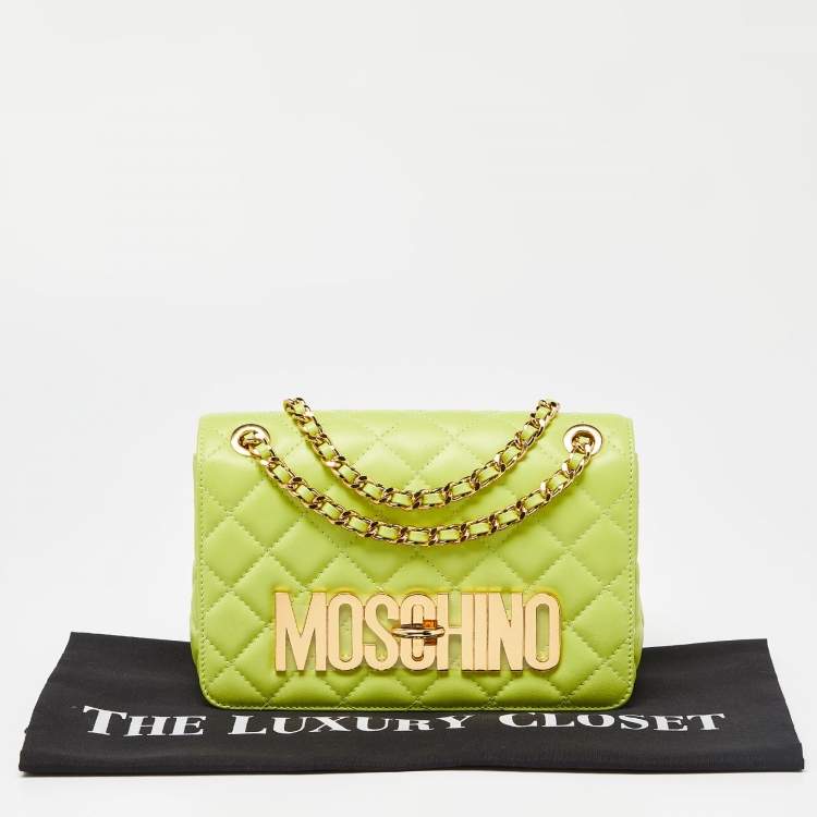 Pre Owned Moschino Neon Green Quilted Leather Classic Logo Flap Shoulder Bag