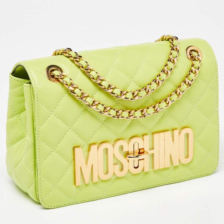 Pre Owned Moschino Neon Green Quilted Leather Classic Logo Flap Shoulder Bag