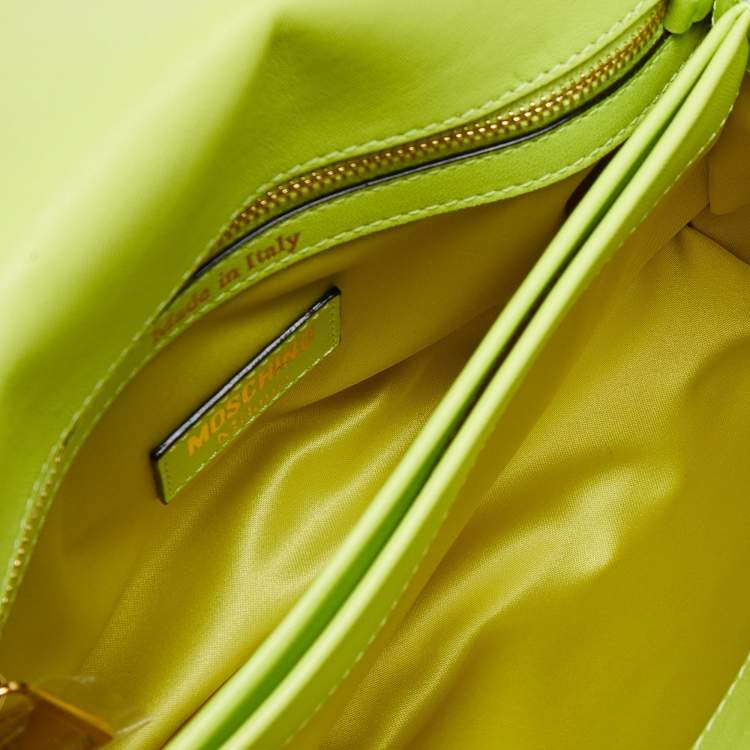 Pre Owned Moschino Neon Green Quilted Leather Classic Logo Flap Shoulder Bag