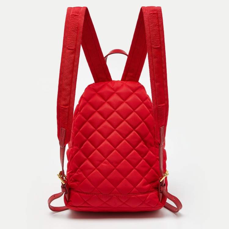 Pre Owned Moschino Red Quilted Nylon Logo Backpack