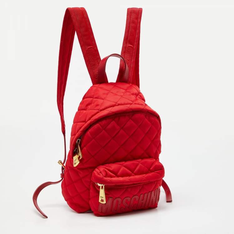Pre Owned Moschino Red Quilted Nylon Logo Backpack