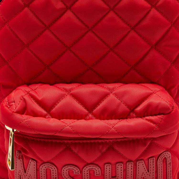 Pre Owned Moschino Red Quilted Nylon Logo Backpack
