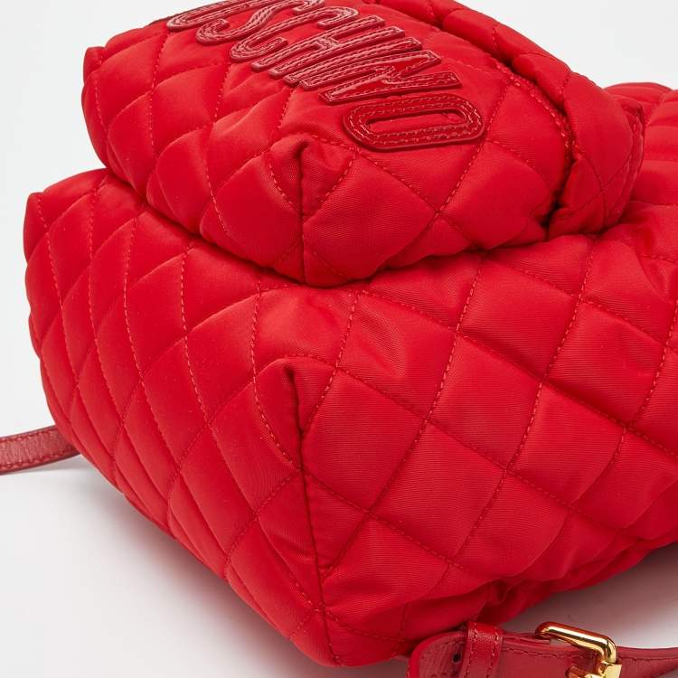 Pre Owned Moschino Red Quilted Nylon Logo Backpack