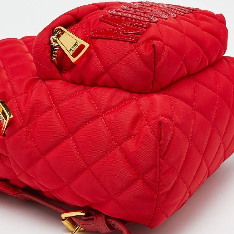 Pre Owned Moschino Red Quilted Nylon Logo Backpack