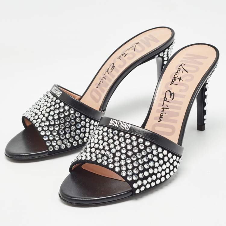 Pre Owned Moschino Black Suede Limited Edition Crystal Embellished Slide Sandals Size 38
