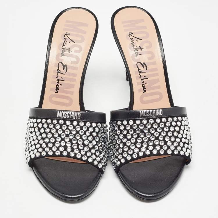 Pre Owned Moschino Black Suede Limited Edition Crystal Embellished Slide Sandals Size 38