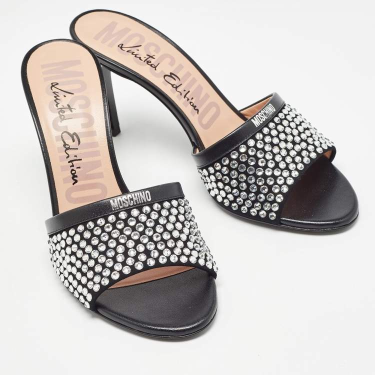 Pre Owned Moschino Black Suede Limited Edition Crystal Embellished Slide Sandals Size 38