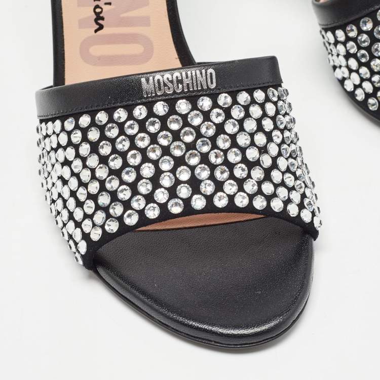 Pre Owned Moschino Black Suede Limited Edition Crystal Embellished Slide Sandals Size 38