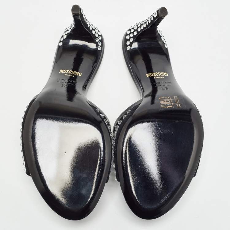 Pre Owned Moschino Black Suede Limited Edition Crystal Embellished Slide Sandals Size 38